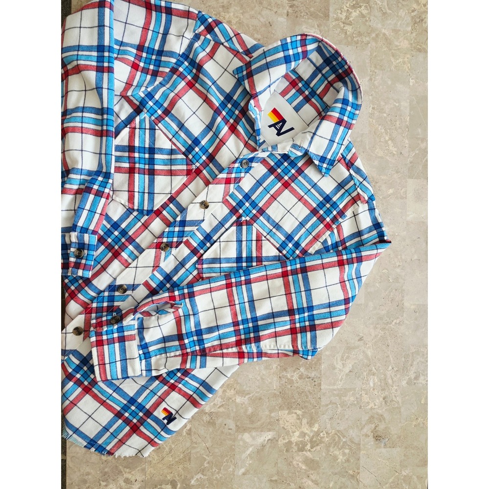 Aviator Nation Mens Plaid Flannel Shirt Red Blue White Frayed Hem Small USA